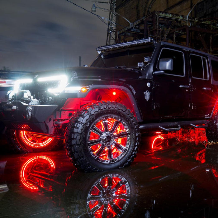 Three quarters view of black Jeep with multiple ORACLE Lighting products installed.