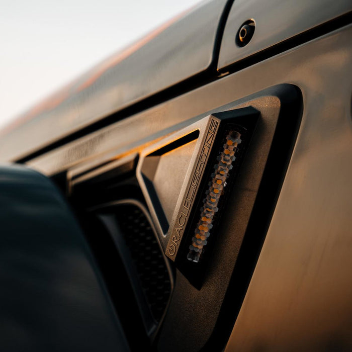 Close-up of Sidetrack™ LED Fender Lighting System installed on a Jeep Wrangler JK.