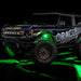 Three quarters view of wrapped Ford Bronco with green LED rock lights installed