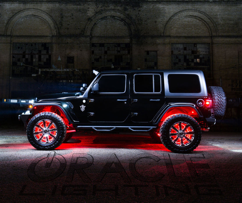 Side view of black Jeep with red LED lighting products.