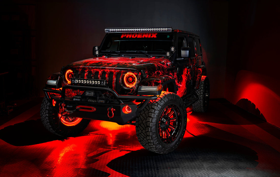 Red Jeep with red wheel rings.