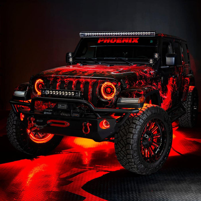 Red Jeep with red wheel rings.