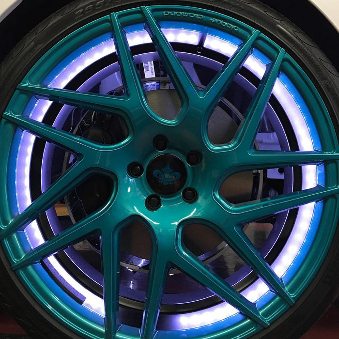 Close up of a wheel with white LED wheel ring installed.