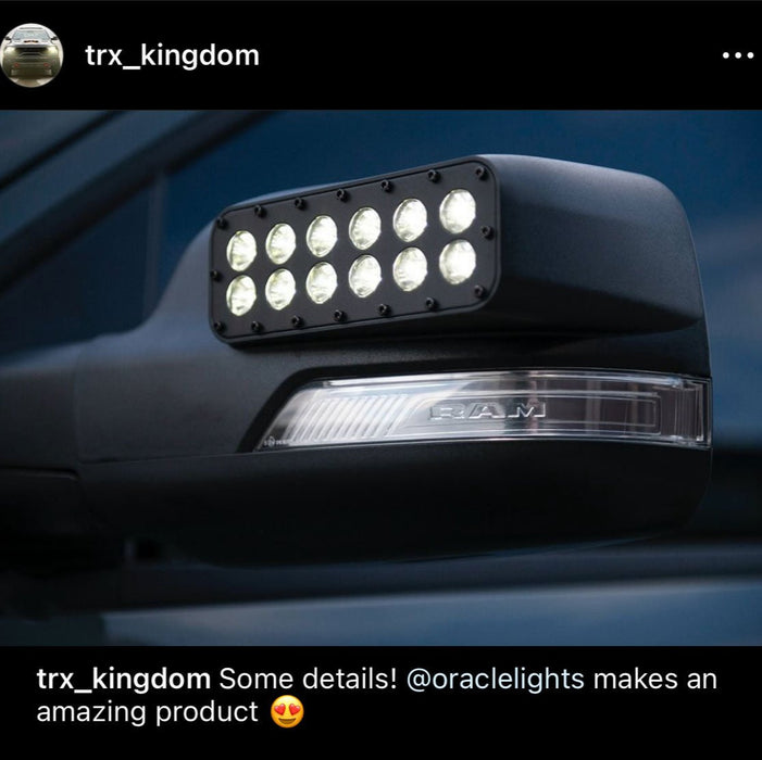 A screenshot of an instagram post from trx_kingdom, showing a close-up view of the LED Off-Road Side Mirror Ditch Lights installed on a TRX. The caption reads "Some details! @oraclelights makes an amazing product."