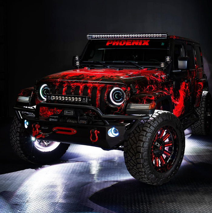 Red Jeep with white wheel rings.