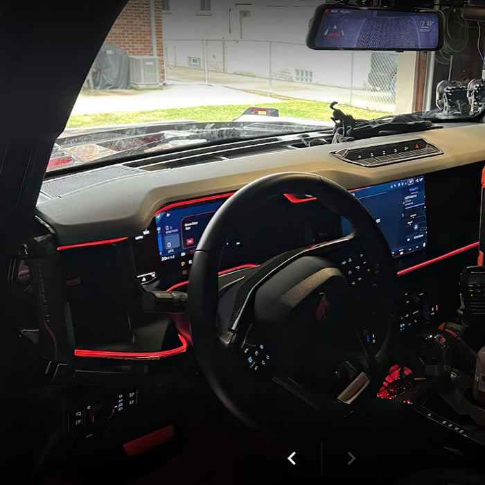 Ford Bronco interior with red fiber optic lighting installed.