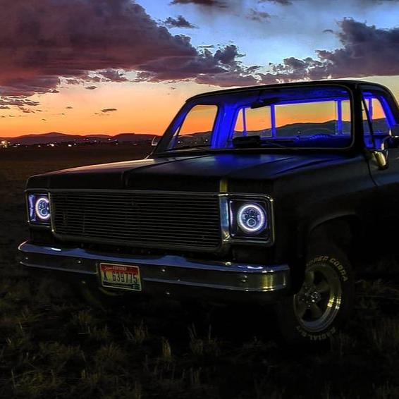 Three quarters view of a classic truck with 7" High Powered LED Headlights installed.