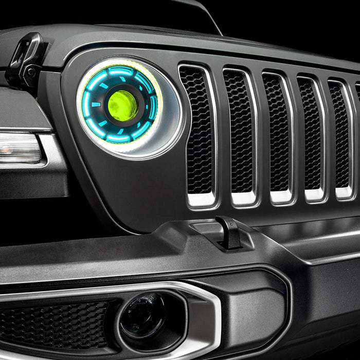 Front end of a Jeep with ColorSHIFT Oculus Headlights installed.