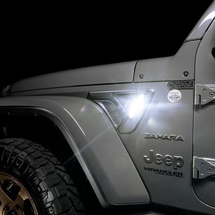 Close-up of Sidetrack™ LED Lighting System installed on a Jeep, and set to white LED mode.