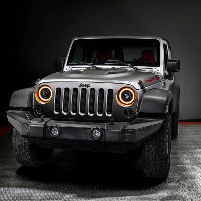 Front view of Jeep Wrangler JK with 7" Oculus Switchback Headlights.