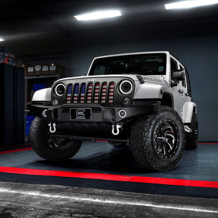 Three quarters view of a white Jeep Wrangler JK with 7" Oculus Switchback Headlights installed.