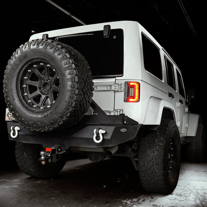 Three quarters view of a Jeep Wrangler JK with flush mount tail lights and brake lights on