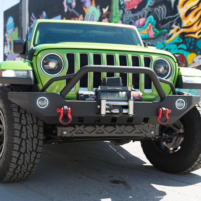 Front end of a Jeep Wrangler with Oculus Headlights installed.