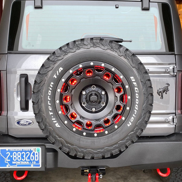 Rear view of a Ford Bronco with Spare Tire Wheel Ring Third Brake Light installed.