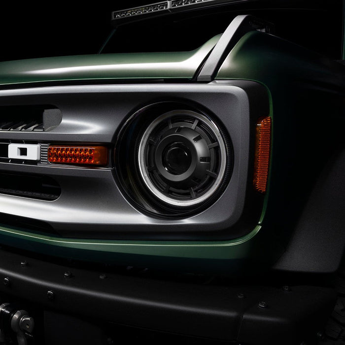 Close-up of Ford Bronco grill with Oculus Headlights installed.