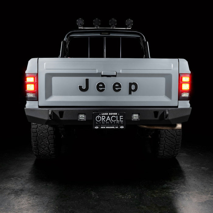 Rear view of Jeep Comanche with flush mount tail lights and brake lights on