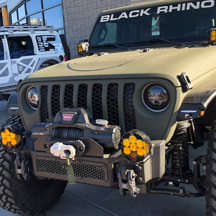 Close-up of Oculus Headlights installed on a Jeep Wrangler JL.