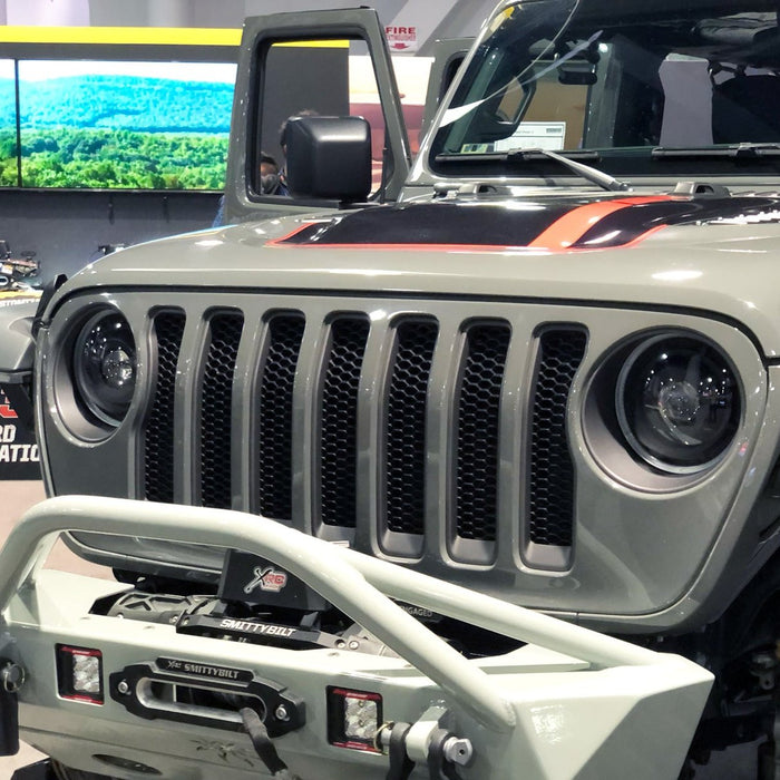 Close-up of Oculus Headlights installed on a Jeep Wrangler JL.