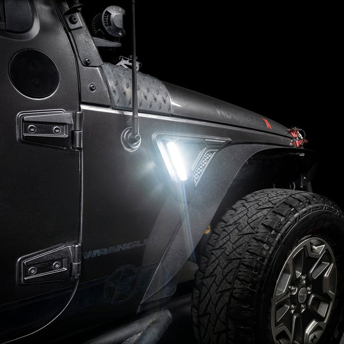 Close-up of Sidetrack™ LED Fender Lighting System installed on a Jeep Wrangler JK, set to white LED mode.