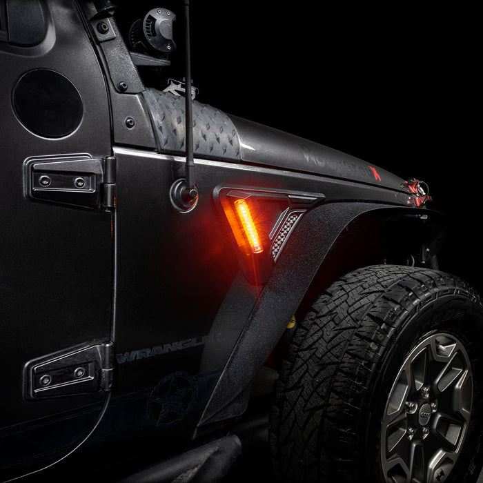 Close-up of Sidetrack™ LED Fender Lighting System installed on a Jeep Wrangler JK, set to amber LED mode.