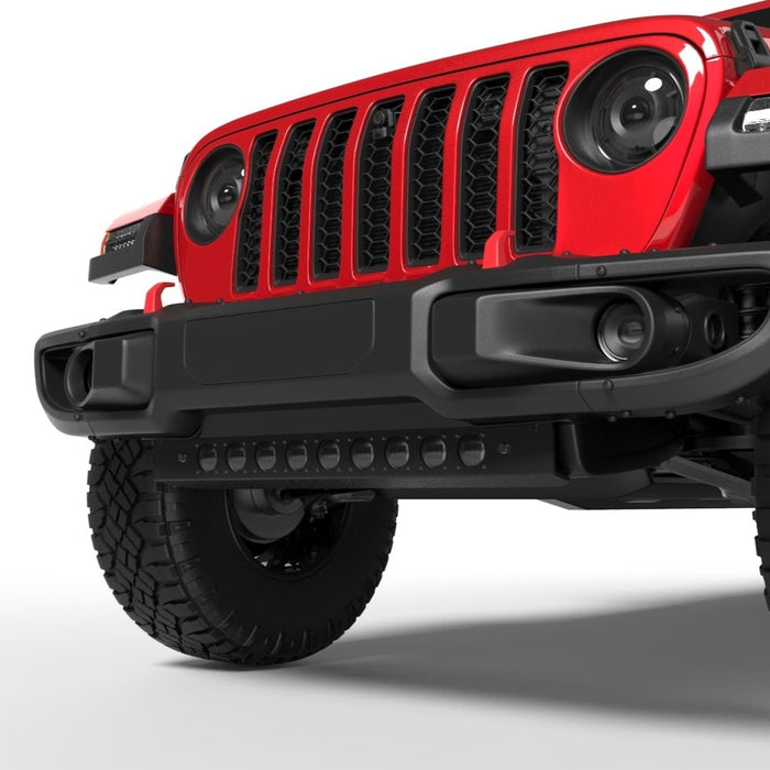 Rendering of a red Jeep Wrangler with LED Integrated Skid Plate installed, with white LEDs.