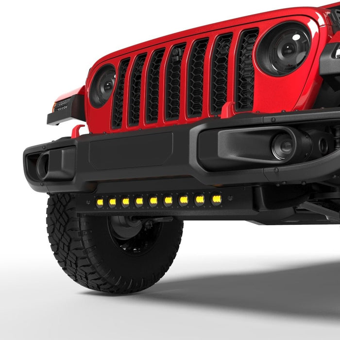 Rendering of a red Jeep Wrangler with LED Integrated Skid Plate installed, with yellow LEDs.