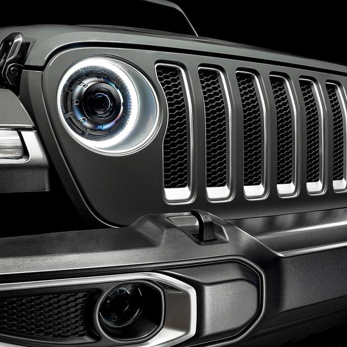 Front end of a Jeep with High Performance 20W LED Fog Lights installed.