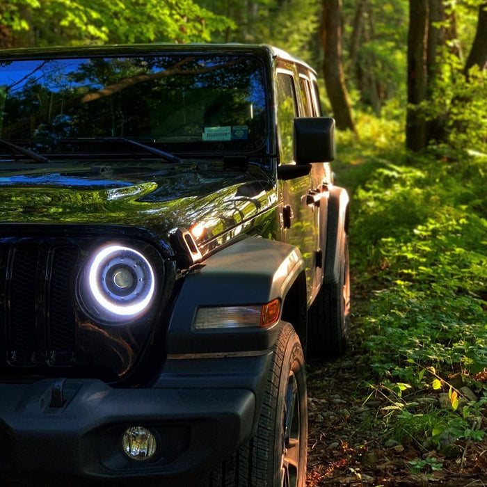 Close-up of Oculus Headlights installed on a Jeep.