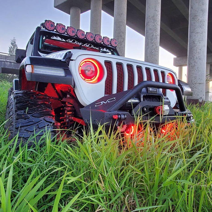 Front end of a Jeep with ColorSHIFT Oculus Headlights installed.