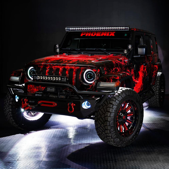 Red Jeep Wrangler with multiple ORACLE Lighting products installed, including Oculus Headlights.