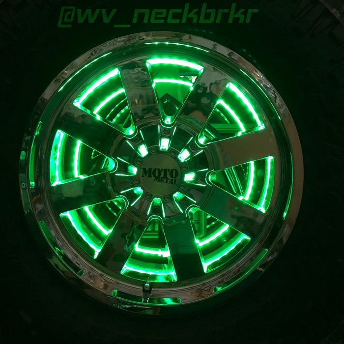 Rear view of Jeep with green LED Illuminated Spare Tire Wheel Ring Third Brake Light